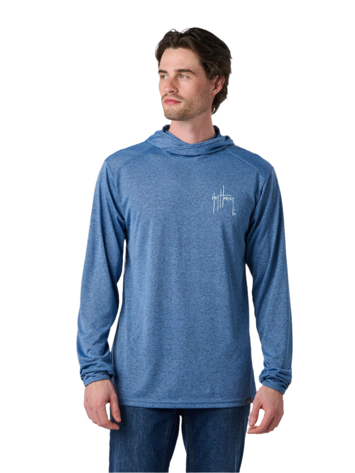 Man wearing a blue long-sleeve shirt with a logo on a white background