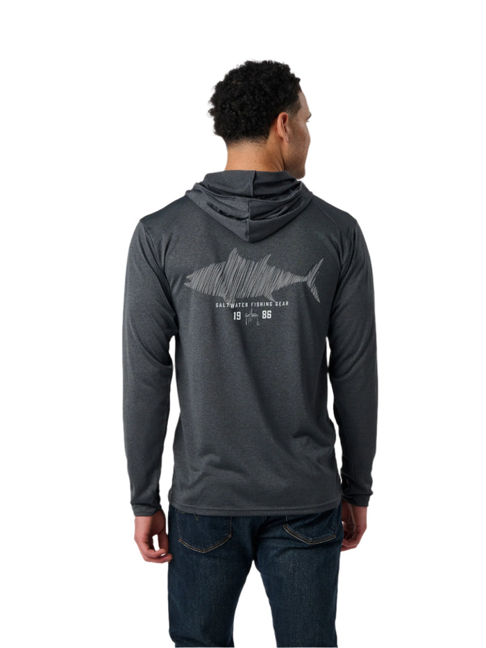 Person wearing a gray hoodie with a fish graphic on the back against a white background
