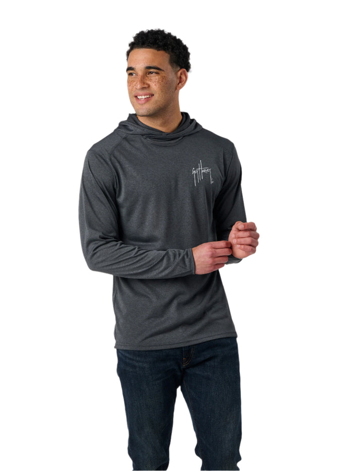 Man wearing a gray long-sleeve hoodie with a logo on a white background
