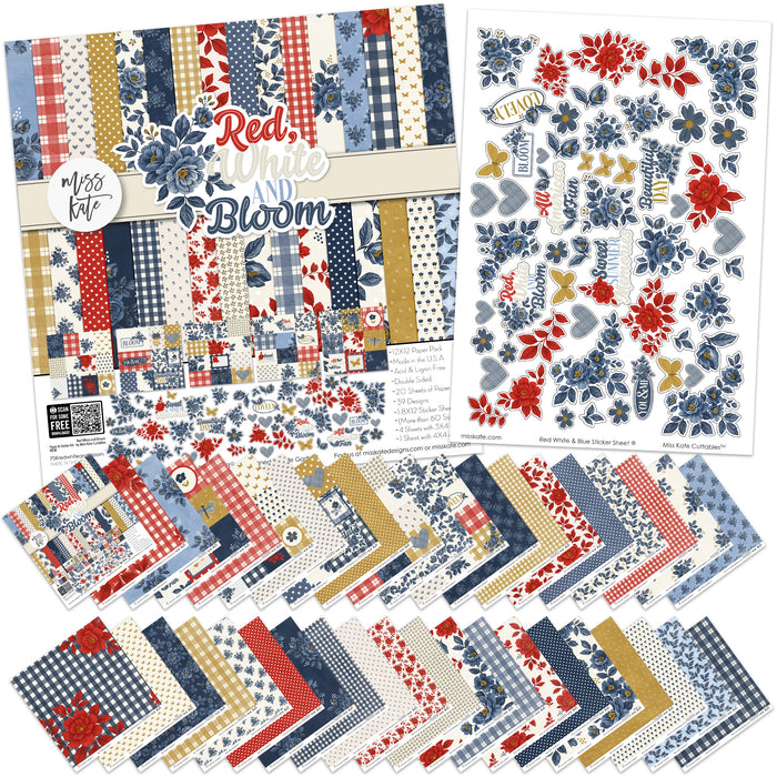 Red White and Bloom Paper & Sticker Kit, main product image, showing 12x12 scrapbook paper and coordinating stickers for scrapbook layouts, photo albums, memory keeping, cards, and paper crafts. Buyer theme: Patriotic & 4th of July Scrapbook Kit. Red White and Bloom Paper & Sticker Kit with navy and red florals, gingham, plaid, dots, gold butterflies, hearts and patriotic summer titles in red, blue, cream and gold