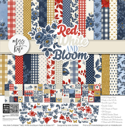Red White and Bloom Paper & Sticker Kit, high resolution cover image, showing 12x12 scrapbook paper and coordinating stickers for scrapbook layouts, photo albums, memory keeping, cards, and paper crafts. Buyer theme: Patriotic & 4th of July Scrapbook Kit. Red White and Bloom Paper & Sticker Kit with navy and red florals, gingham, plaid, dots, gold butterflies, hearts and patriotic summer titles in red, blue, cream and gold