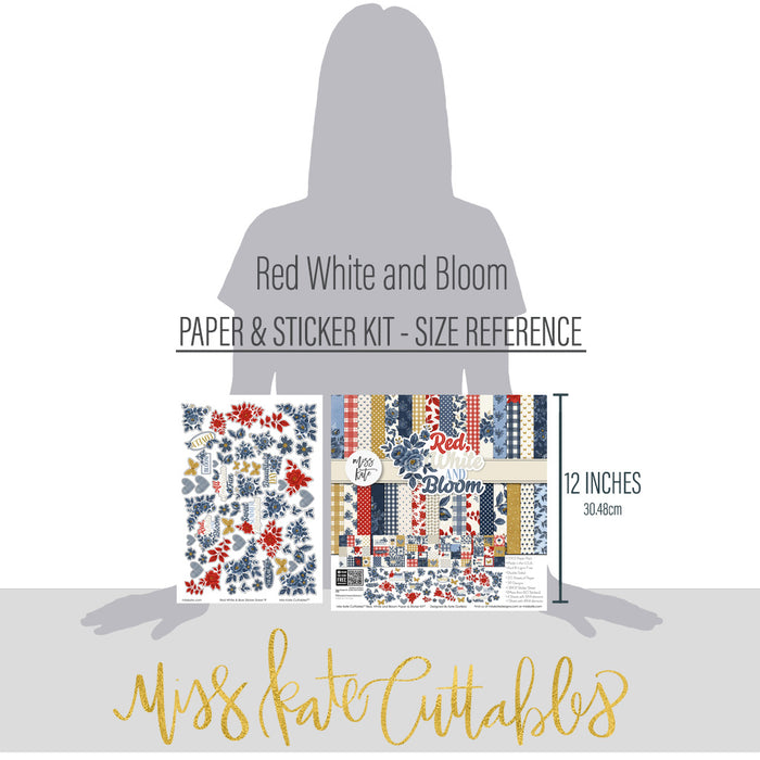 Red White and Bloom Paper & Sticker Kit, size guide image, showing 12x12 scrapbook paper and coordinating stickers for scrapbook layouts, photo albums, memory keeping, cards, and paper crafts. Buyer theme: Patriotic & 4th of July Scrapbook Kit. Red White and Bloom Paper & Sticker Kit with navy and red florals, gingham, plaid, dots, gold butterflies, hearts and patriotic summer titles in red, blue, cream and gold. Designed for Summer picnic pages, Card making, Mini albums