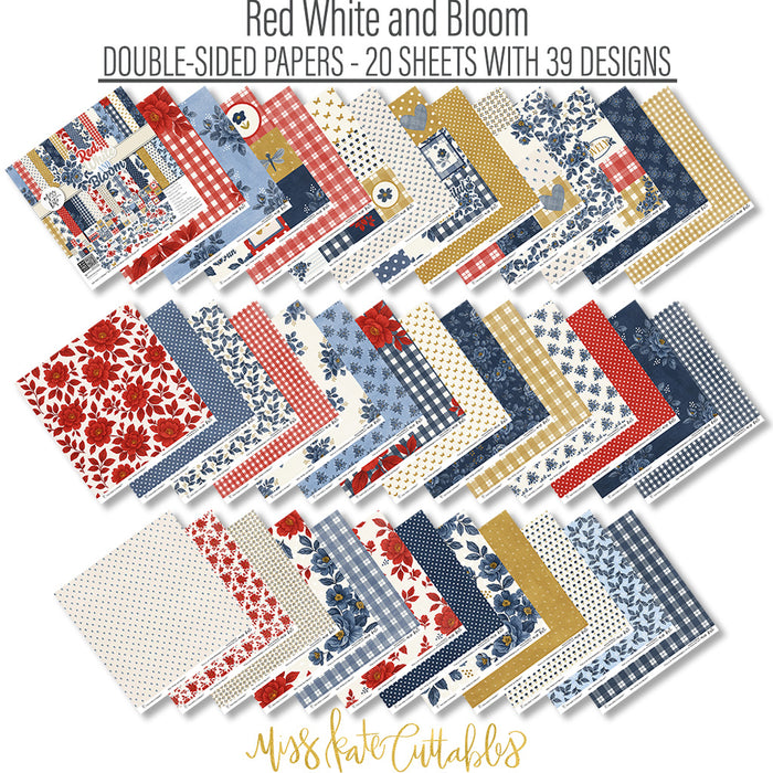 Red White and Bloom Paper & Sticker Kit, paper and sticker kit spread out image, showing 12x12 scrapbook paper and coordinating stickers for scrapbook layouts, photo albums, memory keeping, cards, and paper crafts. Buyer theme: Patriotic & 4th of July Scrapbook Kit. Red White and Bloom Paper & Sticker Kit with navy and red florals, gingham, plaid, dots, gold butterflies, hearts and patriotic summer titles in red, blue, cream and gold. Designed for Card making, Mini albums, Junk journals