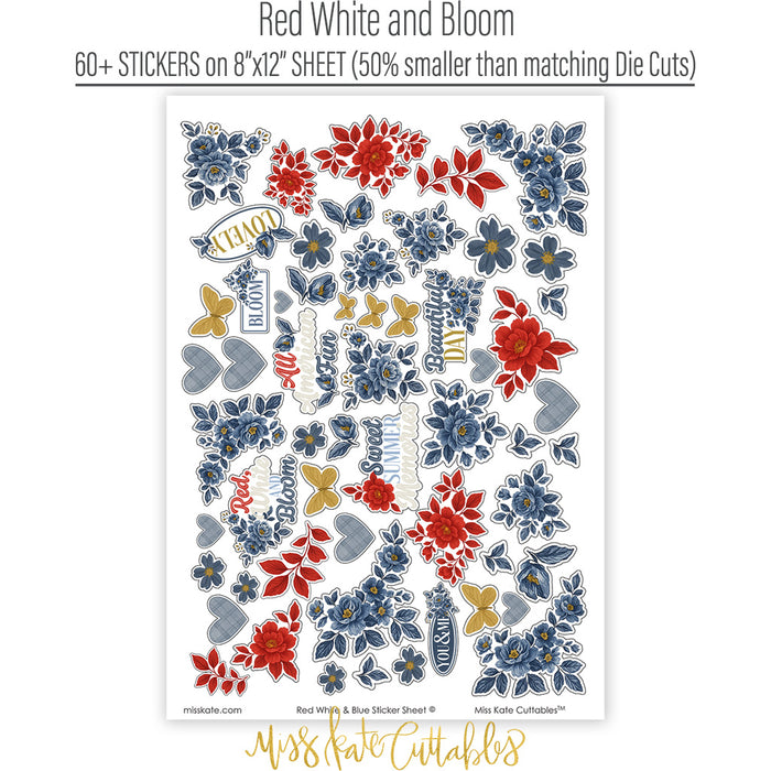 Red White and Bloom Stickers, sticker sheet spread out image, showing coordinating scrapbook stickers for layouts, planners, journals, cards, memory albums, titles, and quick finishing details. Buyer theme: Patriotic Stickers for Scrapbooks & Journals. Red White and Bloom Sticker Sheet with scaled floral clusters, leaves, butterflies, plaid hearts and summer Americana titles for scrapbooks, planners and journals. Designed for Card making, Mini albums, Junk journals