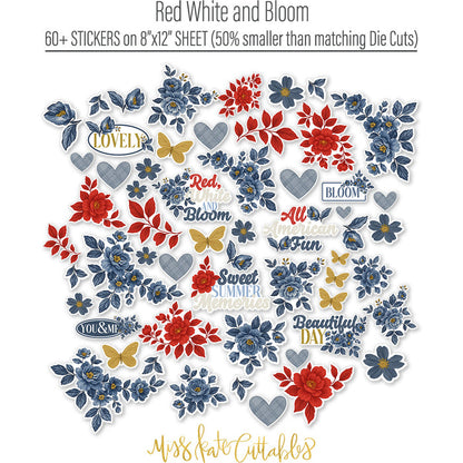 Red White and Bloom Stickers, alternate sticker sheet spread out image, showing coordinating scrapbook stickers for layouts, planners, journals, cards, memory albums, titles, and quick finishing details. Buyer theme: Patriotic Stickers for Scrapbooks & Journals. Red White and Bloom Sticker Sheet with scaled floral clusters, leaves, butterflies, plaid hearts and summer Americana titles for scrapbooks, planners and journals. Designed for Summer picnic pages, Card making, Mini albums