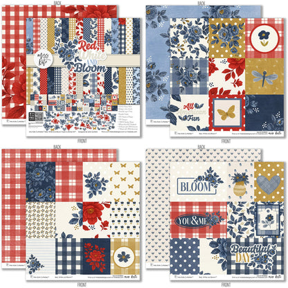 Red White and Bloom Paper & Sticker Kit, 12x12 paper designs cover to 6 preview, showing 12x12 scrapbook paper and coordinating stickers for scrapbook layouts, photo albums, memory keeping, cards, and paper crafts. Buyer theme: Patriotic & 4th of July Scrapbook Kit. Red White and Bloom Paper & Sticker Kit with navy and red florals, gingham, plaid, dots, gold butterflies, hearts and patriotic summer titles in red, blue, cream and gold