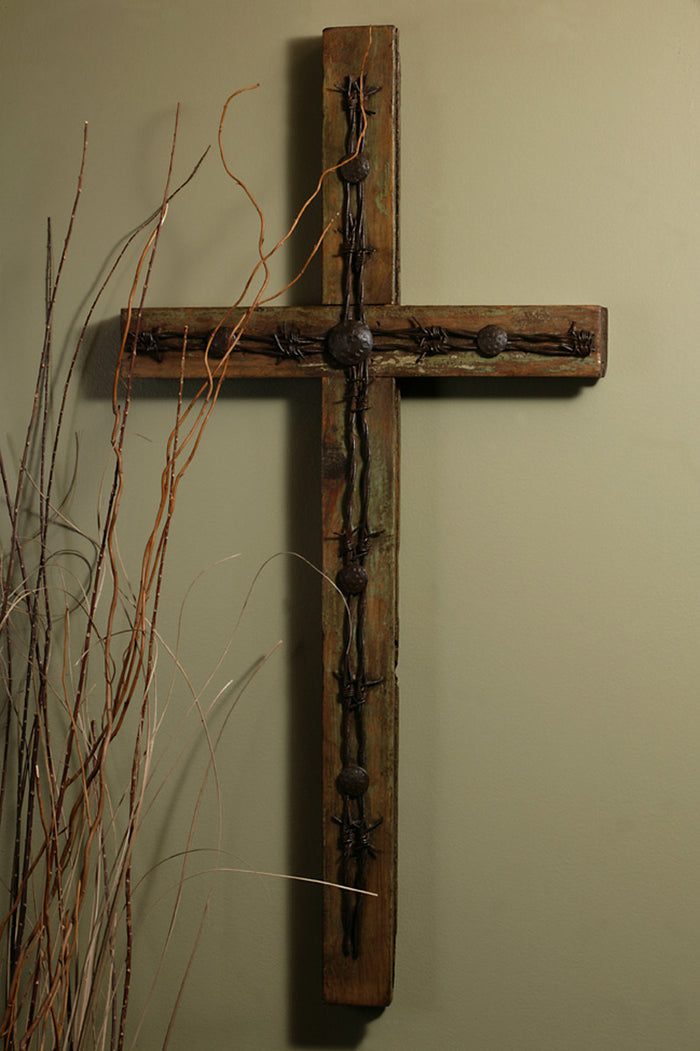 Rustic Barbed Wire Old Door Cross- 32"