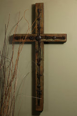 Rustic Barbed Wire Old Door Cross- 32"