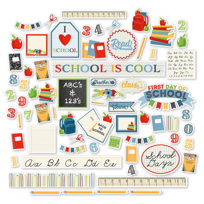 School is Cool Die Cuts, main product image, showing pre-cut scrapbook embellishments for layouts, handmade cards, journals, mini albums, memory pages, and layered paper crafts. Buyer theme: Classroom Die Cuts & School Scrapbook Embellishments. School is Cool Die Cuts with school titles, apples, books, pencils, crayons, rulers, notebooks, backpacks, scissors, numbers, classroom labels, frames and school-day accents