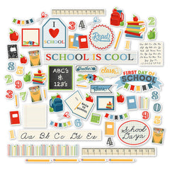 School is Cool Die Cuts, main product image, showing pre-cut scrapbook embellishments for layouts, handmade cards, journals, mini albums, memory pages, and layered paper crafts. Buyer theme: Classroom Die Cuts & School Scrapbook Embellishments. School is Cool Die Cuts with school titles, apples, books, pencils, crayons, rulers, notebooks, backpacks, scissors, numbers, classroom labels, frames and school-day accents