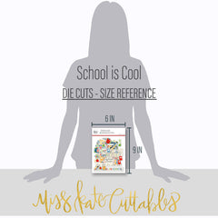 School is Cool Die Cuts, size guide image, showing pre-cut scrapbook embellishments for layouts, handmade cards, journals, mini albums, memory pages, and layered paper crafts. Buyer theme: Classroom Die Cuts & School Scrapbook Embellishments. School is Cool Die Cuts with school titles, apples, books, pencils, crayons, rulers, notebooks, backpacks, scissors, numbers, classroom labels, frames and school-day accents
