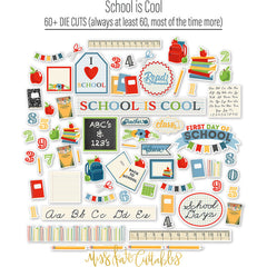 School is Cool Die Cuts, die cuts spread out image, showing pre-cut scrapbook embellishments for layouts, handmade cards, journals, mini albums, memory pages, and layered paper crafts. Buyer theme: Classroom Die Cuts & School Scrapbook Embellishments. School is Cool Die Cuts with school titles, apples, books, pencils, crayons, rulers, notebooks, backpacks, scissors, numbers, classroom labels, frames and school-day accents