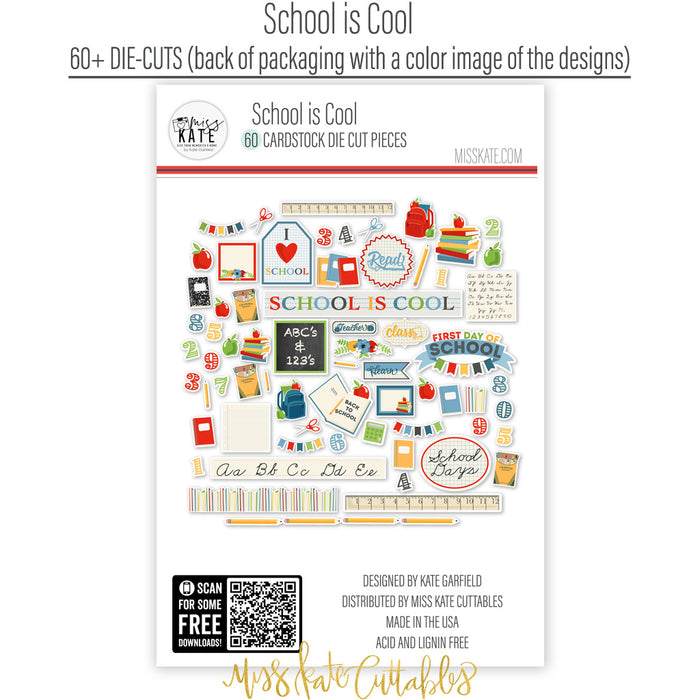 School is Cool Die Cuts, back packaging image, showing pre-cut scrapbook embellishments for layouts, handmade cards, journals, mini albums, memory pages, and layered paper crafts. Buyer theme: Classroom Die Cuts & School Scrapbook Embellishments. School is Cool Die Cuts with school titles, apples, books, pencils, crayons, rulers, notebooks, backpacks, scissors, numbers, classroom labels, frames and school-day accents. Designed for Classroom memory pages, Card making, Mini albums
