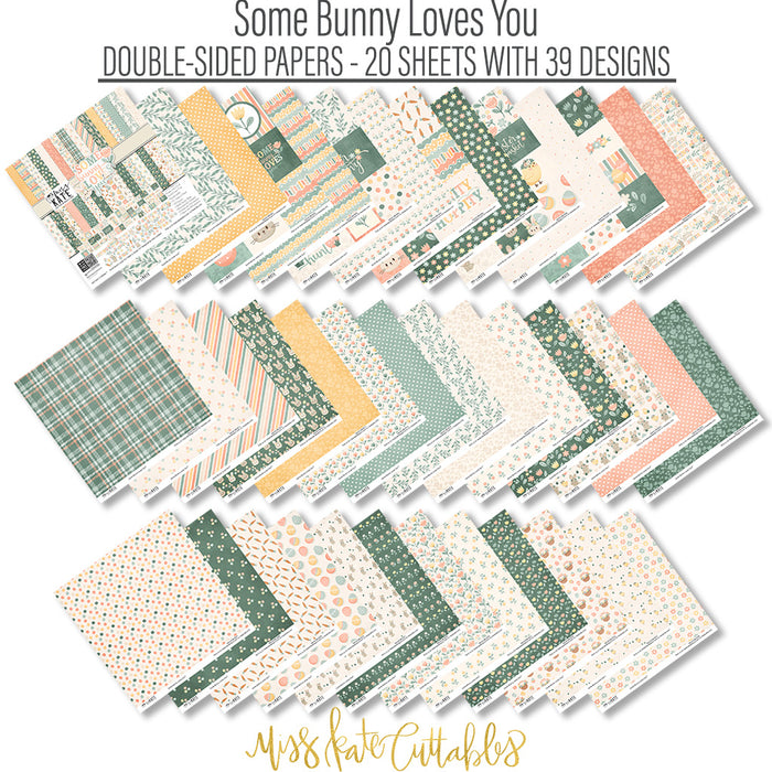 Some Bunny Loves You Paper & Sticker Kit, paper and sticker kit spread out image, showing 12x12 scrapbook paper and coordinating stickers for scrapbook layouts, photo albums, memory keeping, cards, and paper crafts. Buyer theme: Easter & Spring Scrapbook Paper Kit. Some Bunny Loves You Paper & Sticker Kit with pastel bunnies, eggs, carrots, tulips, florals, plaid, dots and cheerful Easter and spring titles in peach, mint, sage, yellow and cream