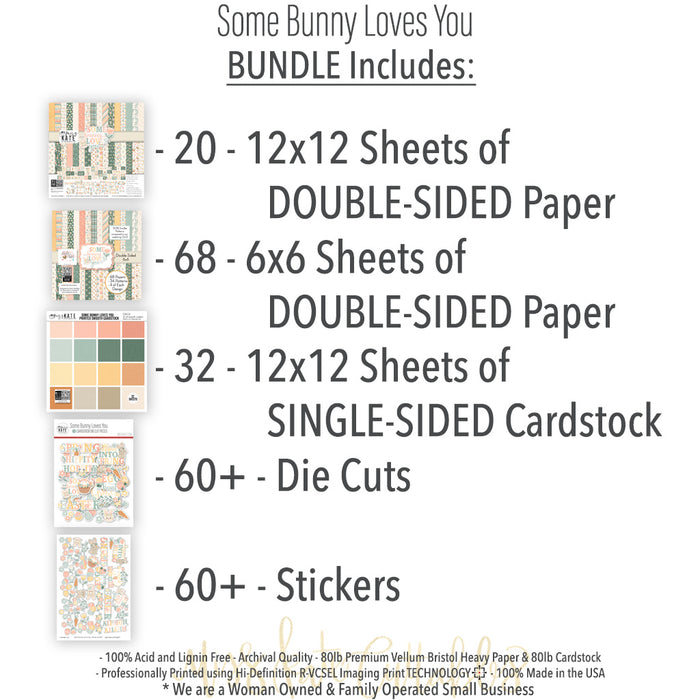 Some Bunny Loves You Bundle, includes image, showing complete coordinated paper craft set with 12x12 papers, 6x6 papers, cardstock, die cuts, and stickers for layouts, cards, albums, journals, and keepsakes. Buyer theme: Complete Easter Scrapbook Craft Bundle. Some Bunny Loves You complete scrapbook bundle with 12x12 paper, 6x6 designs, printed smooth cardstock, die cuts and stickers in a soft pastel spring palette. Designed for Spring family albums, Card making, Mini albums