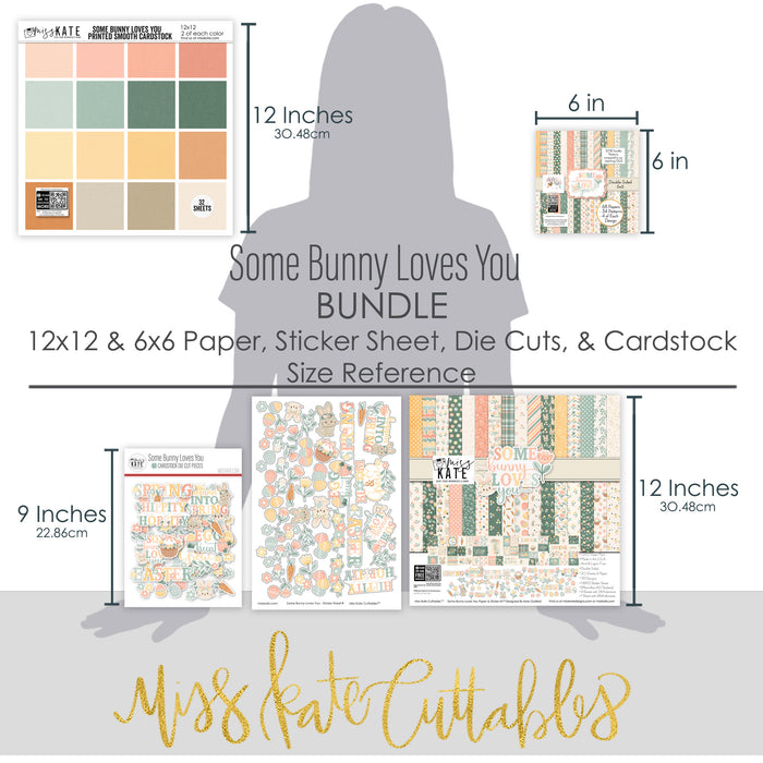 Some Bunny Loves You Bundle, size guide image, showing complete coordinated paper craft set with 12x12 papers, 6x6 papers, cardstock, die cuts, and stickers for layouts, cards, albums, journals, and keepsakes. Buyer theme: Complete Easter Scrapbook Craft Bundle. Some Bunny Loves You complete scrapbook bundle with 12x12 paper, 6x6 designs, printed smooth cardstock, die cuts and stickers in a soft pastel spring palette. Designed for Card making, Mini albums, Junk journals