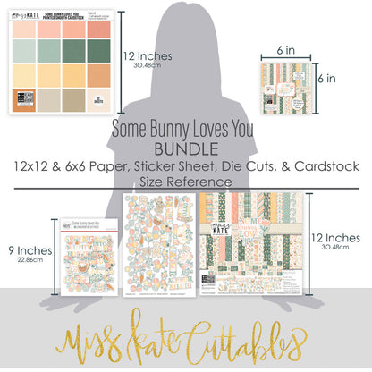 Some Bunny Loves You Bundle, size guide image, showing complete coordinated paper craft set with 12x12 papers, 6x6 papers, cardstock, die cuts, and stickers for layouts, cards, albums, journals, and keepsakes. Buyer theme: Complete Easter Scrapbook Craft Bundle. Some Bunny Loves You complete scrapbook bundle with 12x12 paper, 6x6 designs, printed smooth cardstock, die cuts and stickers in a soft pastel spring palette. Designed for Card making, Mini albums, Junk journals