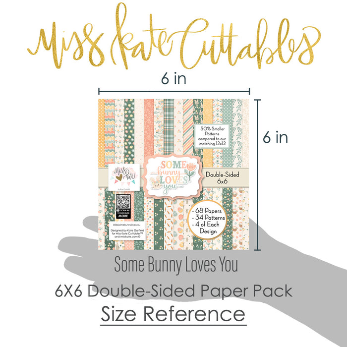 Some Bunny Loves You 6x6 Double-Sided Paper Pack, size guide shown in hand for scale, showing 6x6 scrapbook paper for handmade cards, mini albums, junk journals, paper layering, small-scale layouts, and coordinated paper crafts. Buyer theme: Easter 6x6 Paper for Cards & Mini Albums. Some Bunny Loves You 6x6 Double-Sided Paper Pack with scaled bunnies, Easter eggs, tulips, carrots, florals, plaid, stripes and polka dots for cards and mini albums