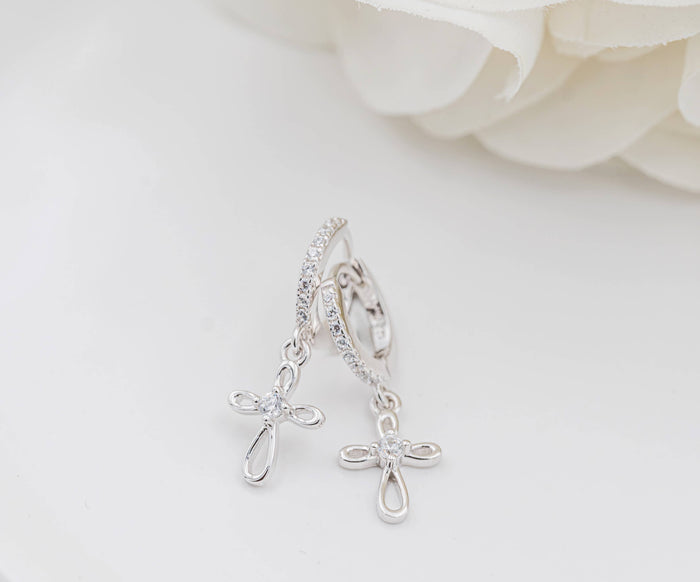 Sterling Silver Huggie with Cross Earrings for Kids, Girls