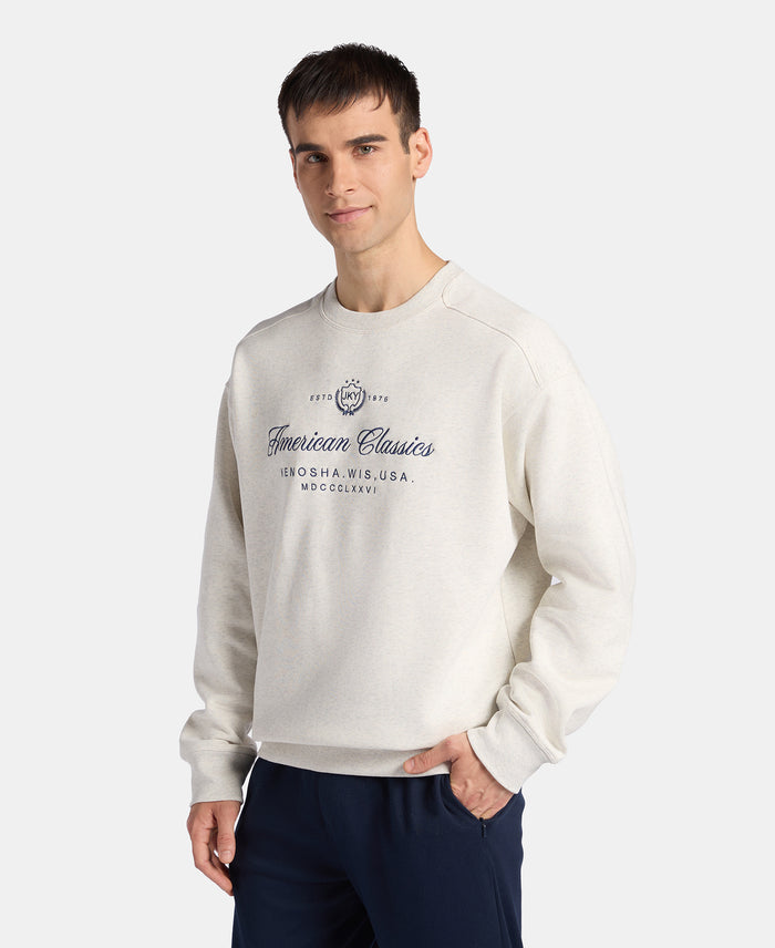 Super Combed Cotton Rich Fleece Printed Sweatshirt with StayWarm Technology - Off White Melange