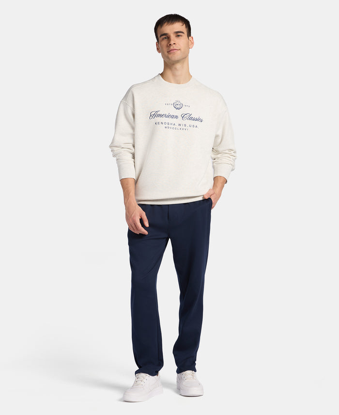 Super Combed Cotton Rich Fleece Printed Sweatshirt with StayWarm Technology - Off White Melange