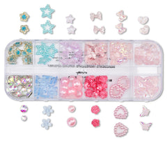 Clear tackle box filled with pink, purple, blue, and iridescent stick-on face gems for kids