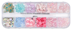 Clear tackle box filled with pink, purple, blue, and iridescent stick-on face gems for kids