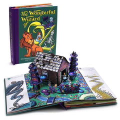 A pop-up book version of 'The Wonderful Wizard of Oz' with a 3D illustration of a house and characters from the story.