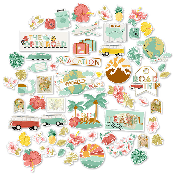 The World Awaits Die Cuts, main product image, showing pre-cut scrapbook embellishments for layouts, handmade cards, journals, mini albums, memory pages, and layered paper crafts. Buyer theme: Travel & Vacation Scrapbook Die Cuts. Travel die cuts with tropical flowers, palm leaves, maps, passport, camera, globe, vans and vacation word art. Visible artwork includes hibiscus flowers, plumeria flowers, monstera leaves, palm fronds. Color palette includes coral, mint, teal
