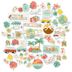 The World Awaits Die Cuts, main product image, showing pre-cut scrapbook embellishments for layouts, handmade cards, journals, mini albums, memory pages, and layered paper crafts. Buyer theme: Travel & Vacation Scrapbook Die Cuts. Travel die cuts with tropical flowers, palm leaves, maps, passport, camera, globe, vans and vacation word art. Visible artwork includes hibiscus flowers, plumeria flowers, monstera leaves, palm fronds. Color palette includes coral, mint, teal