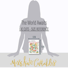 The World Awaits Die Cuts, size guide image, showing pre-cut scrapbook embellishments for layouts, handmade cards, journals, mini albums, memory pages, and layered paper crafts. Buyer theme: Travel & Vacation Scrapbook Die Cuts. Travel die cuts with tropical flowers, palm leaves, maps, passport, camera, globe, vans and vacation word art. Visible artwork includes monstera leaves, palm fronds, airplane, passport. Coordinating patterns include palm leaf pattern, confetti dots, vacation plaid