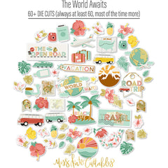 The World Awaits Die Cuts, die cuts spread out image, showing pre-cut scrapbook embellishments for layouts, handmade cards, journals, mini albums, memory pages, and layered paper crafts. Buyer theme: Travel & Vacation Scrapbook Die Cuts. Travel die cuts with tropical flowers, palm leaves, maps, passport, camera, globe, vans and vacation word art. Visible artwork includes palm fronds, airplane, passport, camera. Coordinating patterns include confetti dots, vacation plaid, route line sketch