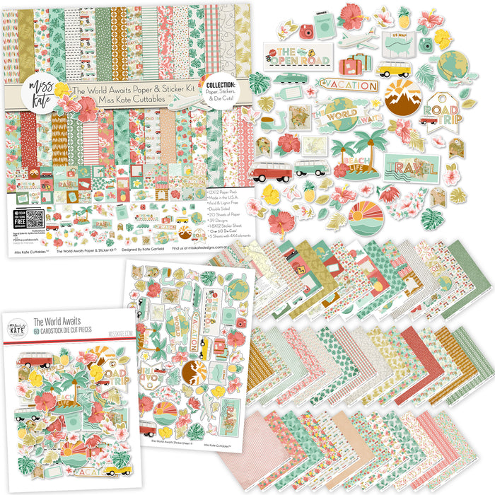 The World Awaits Collection, main product image, showing coordinated Paper & Sticker Kit, full-size Die Cuts, and Sticker Sheet for scrapbook layouts, memory albums, cards, journals, and keepsakes. Buyer theme: Coordinated Vacation Scrapbook Collection. Coordinated travel collection with 12x12 papers, die cuts and sticker sheet for vacation scrapbooking and memory keeping. Visible artwork includes hibiscus flowers, plumeria flowers, monstera leaves, palm fronds