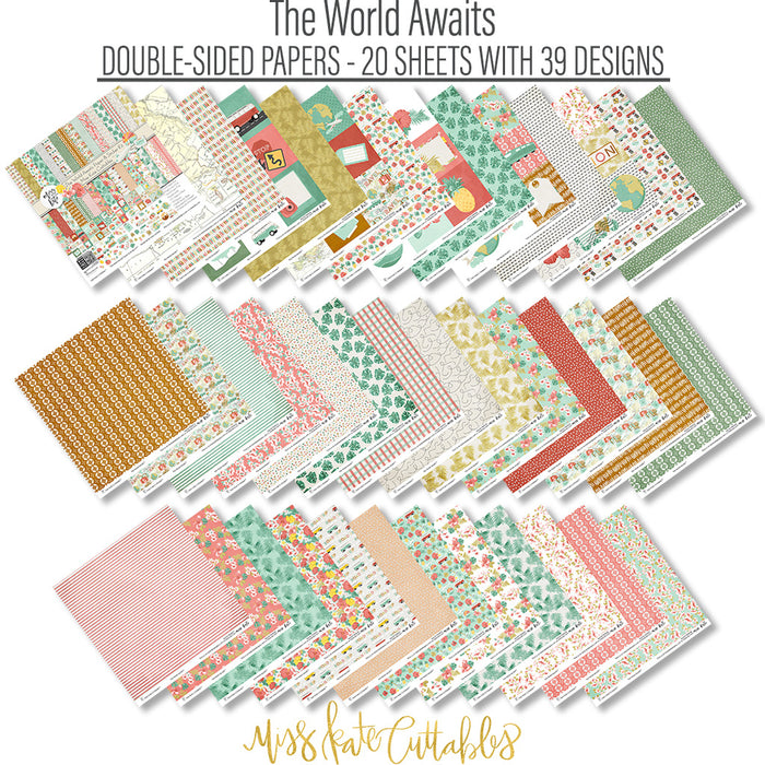 The World Awaits Paper & Sticker Kit, paper and sticker kit spread out image, showing 12x12 scrapbook paper and coordinating stickers for scrapbook layouts, photo albums, memory keeping, cards, and paper crafts. Buyer theme: Travel & Vacation Scrapbook Paper & Sticker Kit. 12x12 travel paper and sticker kit with tropical florals, maps, vans, airplanes and vacation-themed cut-apart elements. Visible artwork includes airplane, passport, camera, globe. Color palette includes yellow, sage, white