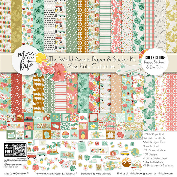 The World Awaits Collection, collection product image, showing coordinated Paper & Sticker Kit, full-size Die Cuts, and Sticker Sheet for scrapbook layouts, memory albums, cards, journals, and keepsakes. Buyer theme: Coordinated Vacation Scrapbook Collection. Coordinated travel collection with 12x12 papers, die cuts and sticker sheet for vacation scrapbooking and memory keeping. Visible artwork includes monstera leaves, palm fronds, airplane, passport