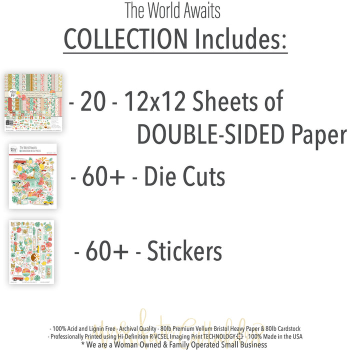The World Awaits Collection, includes image, showing coordinated Paper & Sticker Kit, full-size Die Cuts, and Sticker Sheet for scrapbook layouts, memory albums, cards, journals, and keepsakes. Buyer theme: Coordinated Vacation Scrapbook Collection. Coordinated travel collection with 12x12 papers, die cuts and sticker sheet for vacation scrapbooking and memory keeping. Visible artwork includes palm fronds, airplane, passport, camera. Color palette includes mustard, yellow, sage