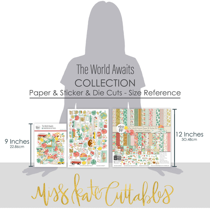 The World Awaits Collection, size guide image, showing coordinated Paper & Sticker Kit, full-size Die Cuts, and Sticker Sheet for scrapbook layouts, memory albums, cards, journals, and keepsakes. Buyer theme: Coordinated Vacation Scrapbook Collection. Coordinated travel collection with 12x12 papers, die cuts and sticker sheet for vacation scrapbooking and memory keeping. Visible artwork includes airplane, passport, camera, globe. Color palette includes yellow, sage, white