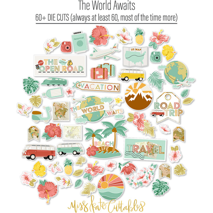 The World Awaits Die Cuts, die cuts spread out image, showing pre-cut scrapbook embellishments for layouts, handmade cards, journals, mini albums, memory pages, and layered paper crafts. Buyer theme: Travel & Vacation Scrapbook Die Cuts. Travel die cuts with tropical flowers, palm leaves, maps, passport, camera, globe, vans and vacation word art. Visible artwork includes palm fronds, airplane, passport, camera. Coordinating patterns include confetti dots, vacation plaid, route line sketch