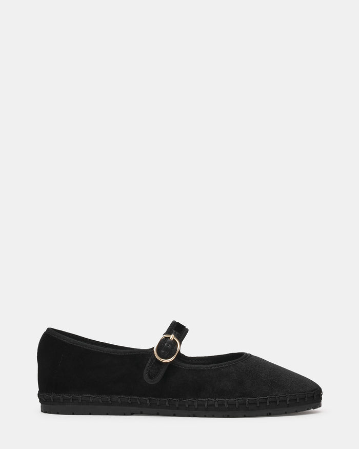 VELMA Black Velvet Mary Jane Gold-Detail Buckle Women's Flat | Steve Madden