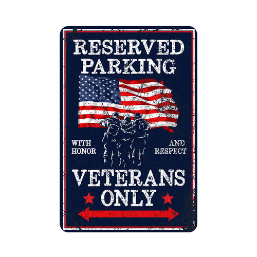 Veterans only parking metal sign with army, marine, and military theme for garages and man caves.
