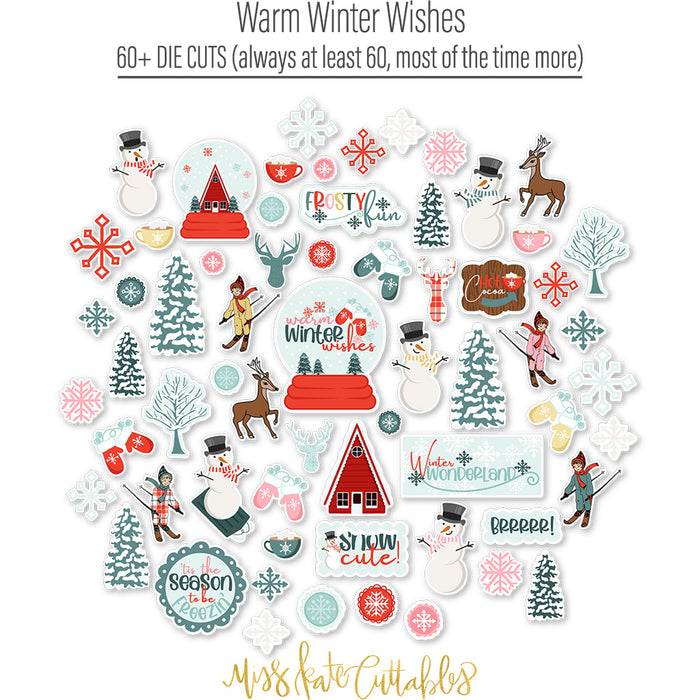Warm Winter Wishes Die Cuts, die cuts spread out image, showing pre-cut scrapbook embellishments for layouts, handmade cards, journals, mini albums, memory pages, and layered paper crafts. Buyer theme: Winter Die Cuts & Snow Day Embellishments. Warm Winter Wishes Die Cuts with snowmen, snow globes, skiers, evergreen trees, deer, mittens, cocoa mugs, cabins, snowflakes and winter titles. Coordinating patterns include Winter berry branches, Diagonal candy stripes, Snowman repeats
