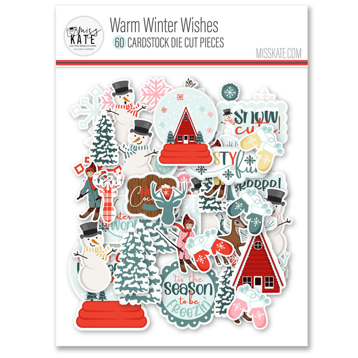 Warm Winter Wishes Die Cuts, packaging image, showing pre-cut scrapbook embellishments for layouts, handmade cards, journals, mini albums, memory pages, and layered paper crafts. Buyer theme: Winter Die Cuts & Snow Day Embellishments. Warm Winter Wishes Die Cuts with snowmen, snow globes, skiers, evergreen trees, deer, mittens, cocoa mugs, cabins, snowflakes and winter titles. Coordinating patterns include Snowman repeats, Cabin scenes, Tiny snowy dots