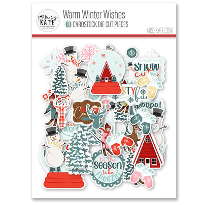 Warm Winter Wishes Die Cuts, packaging image, showing pre-cut scrapbook embellishments for layouts, handmade cards, journals, mini albums, memory pages, and layered paper crafts. Buyer theme: Winter Die Cuts & Snow Day Embellishments. Warm Winter Wishes Die Cuts with snowmen, snow globes, skiers, evergreen trees, deer, mittens, cocoa mugs, cabins, snowflakes and winter titles. Coordinating patterns include Snowman repeats, Cabin scenes, Tiny snowy dots
