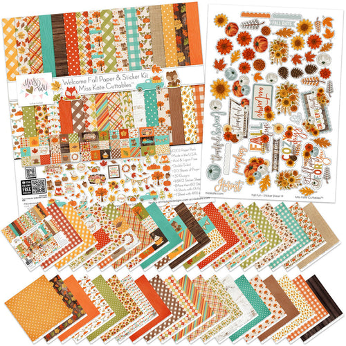 Welcome Fall Paper & Sticker Kit, main product image, showing 12x12 scrapbook paper and coordinating stickers for scrapbook layouts, photo albums, memory keeping, cards, and paper crafts. Buyer theme: Fall 12x12 Scrapbook Paper & Sticker Kit. 12x12 Welcome Fall Paper & Sticker Kit with 39 autumn paper designs, element sheets and a coordinating fall sticker sheet. Scrapbook paper and sticker kit, 12x12 scrapbook supplies, photo album paper, and coordinated memory keeping