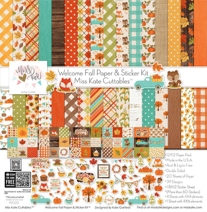 Welcome Fall Paper & Sticker Kit, high resolution cover image, showing 12x12 scrapbook paper and coordinating stickers for scrapbook layouts, photo albums, memory keeping, cards, and paper crafts. Buyer theme: Fall 12x12 Scrapbook Paper & Sticker Kit. 12x12 Welcome Fall Paper & Sticker Kit with 39 autumn paper designs, element sheets and a coordinating fall sticker sheet. Scrapbook paper and sticker kit, 12x12 scrapbook supplies, photo album paper, and coordinated memory keeping