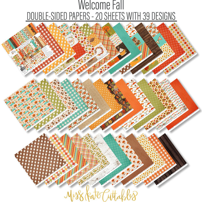 Welcome Fall Paper & Sticker Kit, paper and sticker kit spread out image, showing 12x12 scrapbook paper and coordinating stickers for scrapbook layouts, photo albums, memory keeping, cards, and paper crafts. Buyer theme: Fall 12x12 Scrapbook Paper & Sticker Kit. 12x12 Welcome Fall Paper & Sticker Kit with 39 autumn paper designs, element sheets and a coordinating fall sticker sheet. Scrapbook paper and sticker kit, 12x12 scrapbook supplies, photo album paper, and coordinated memory keeping