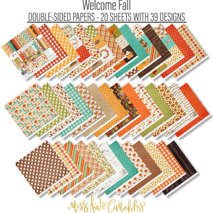 Welcome Fall Paper & Sticker Kit, paper and sticker kit spread out image, showing 12x12 scrapbook paper and coordinating stickers for scrapbook layouts, photo albums, memory keeping, cards, and paper crafts. Buyer theme: Fall 12x12 Scrapbook Paper & Sticker Kit. 12x12 Welcome Fall Paper & Sticker Kit with 39 autumn paper designs, element sheets and a coordinating fall sticker sheet. Scrapbook paper and sticker kit, 12x12 scrapbook supplies, photo album paper, and coordinated memory keeping