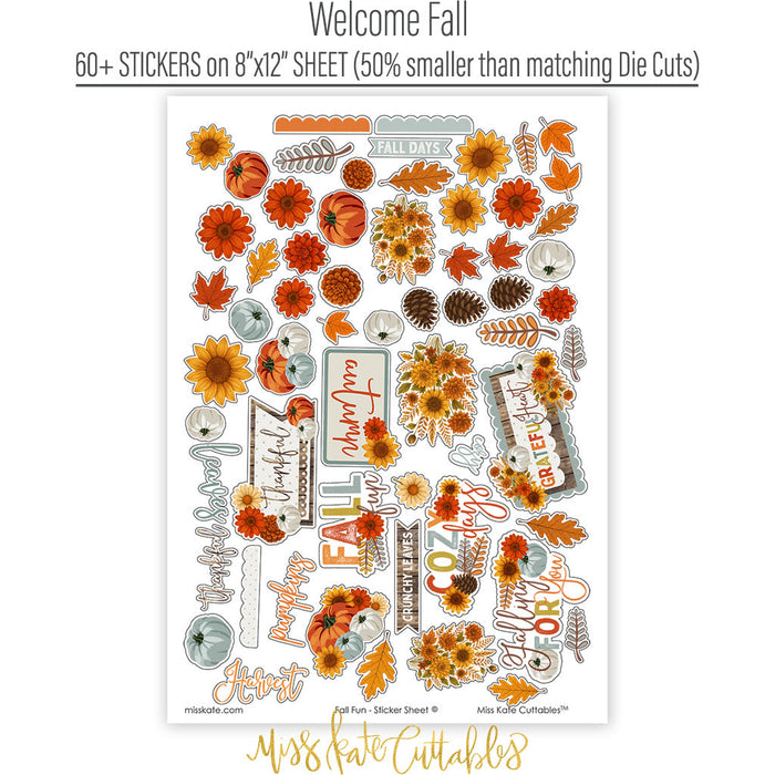 Welcome Fall Paper & Sticker Kit, sticker sheet spread out image, showing 12x12 scrapbook paper and coordinating stickers for scrapbook layouts, photo albums, memory keeping, cards, and paper crafts. Buyer theme: Fall 12x12 Scrapbook Paper & Sticker Kit. 12x12 Welcome Fall Paper & Sticker Kit with 39 autumn paper designs, element sheets and a coordinating fall sticker sheet. Scrapbook paper and sticker kit, 12x12 scrapbook supplies, photo album paper, and coordinated memory keeping