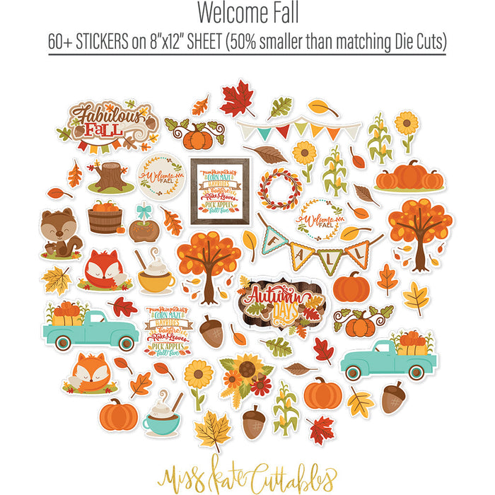 Welcome Fall Paper & Sticker Kit, alternate sticker sheet spread out image, showing 12x12 scrapbook paper and coordinating stickers for scrapbook layouts, photo albums, memory keeping, cards, and paper crafts. Buyer theme: Fall 12x12 Scrapbook Paper & Sticker Kit. 12x12 Welcome Fall Paper & Sticker Kit with 39 autumn paper designs, element sheets and a coordinating fall sticker sheet. Scrapbook paper and sticker kit, 12x12 scrapbook supplies, photo album paper, and coordinated memory keeping