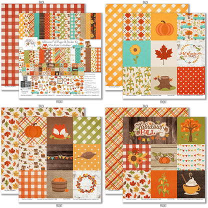 Welcome Fall Paper & Sticker Kit, 12x12 paper designs cover to 6 preview, showing 12x12 scrapbook paper and coordinating stickers for scrapbook layouts, photo albums, memory keeping, cards, and paper crafts. Buyer theme: Fall 12x12 Scrapbook Paper & Sticker Kit. 12x12 Welcome Fall Paper & Sticker Kit with 39 autumn paper designs, element sheets and a coordinating fall sticker sheet. Scrapbook paper and sticker kit, 12x12 scrapbook supplies, photo album paper, and coordinated memory keeping